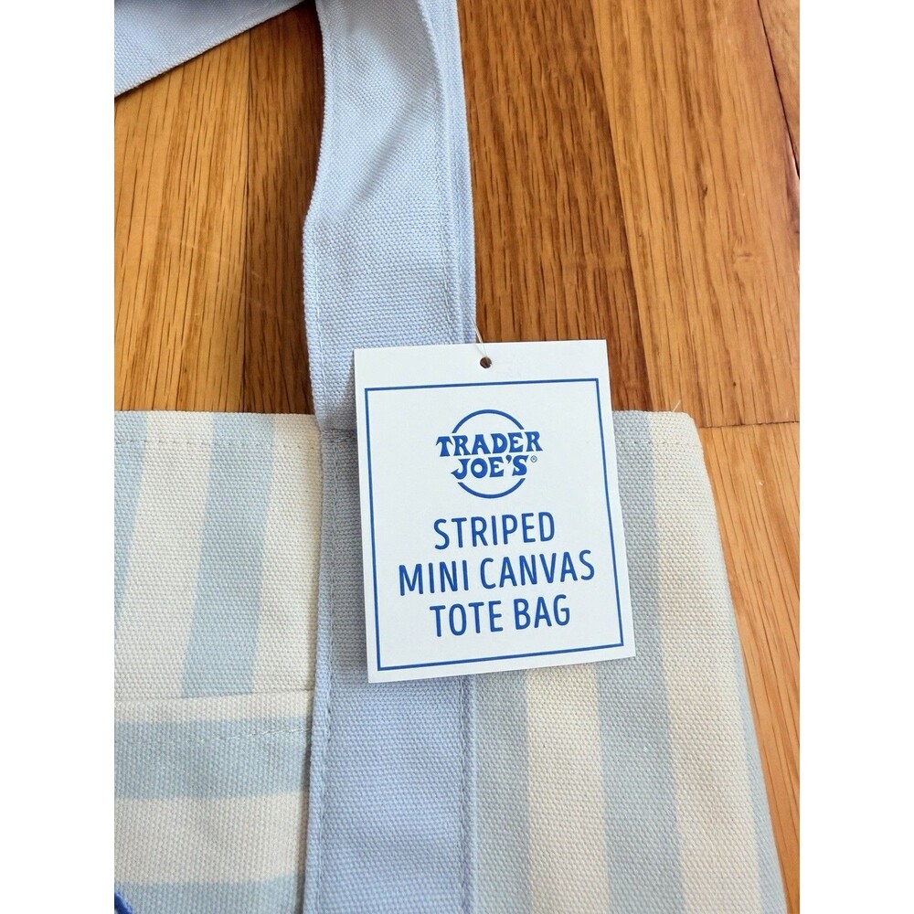 Trader Joe's Striped Mini Canvas Tote Bag - Light Blue/Cream NWT - Picture 3 of 8
